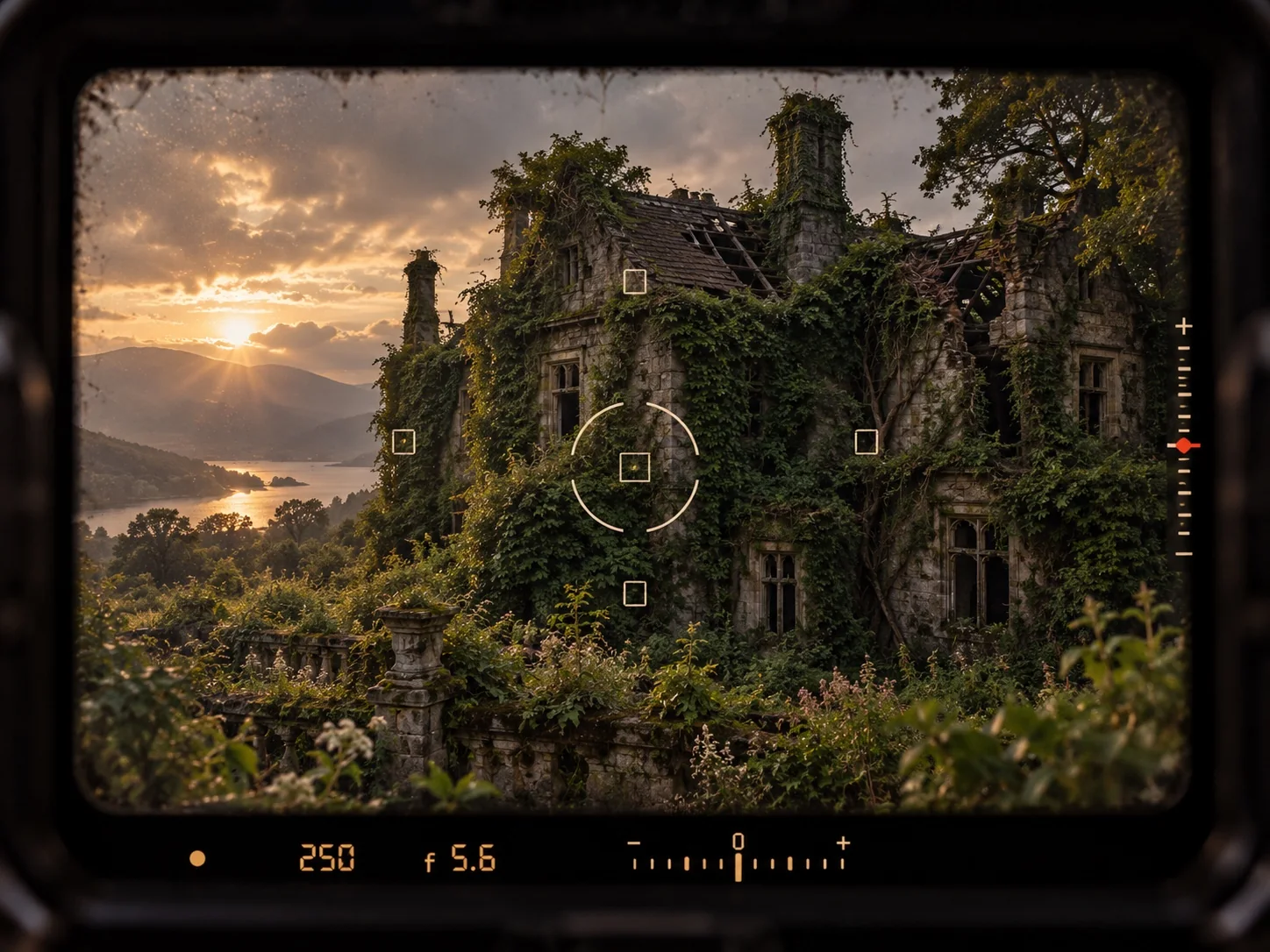 Overgrown abandoned stone house through a camera viewfinder