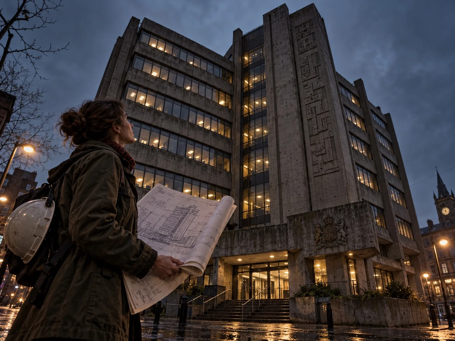 Surveyor studying plans outside a brutalist office building