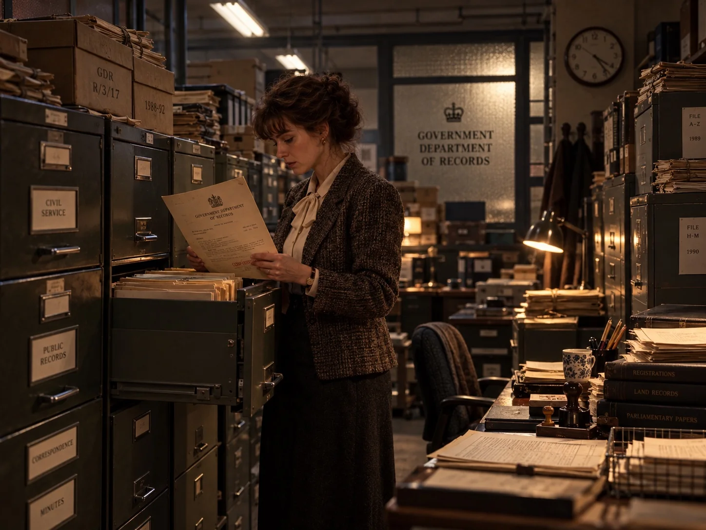 An archive worker examines a file in the Government Department of Records