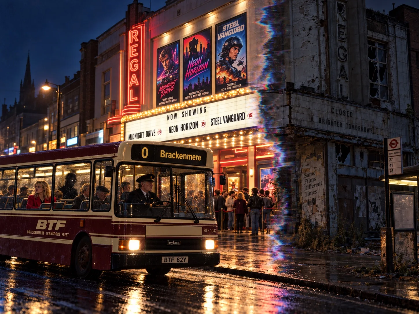 Cream and burgundy number zero bus outside a cinema that glitches between decades