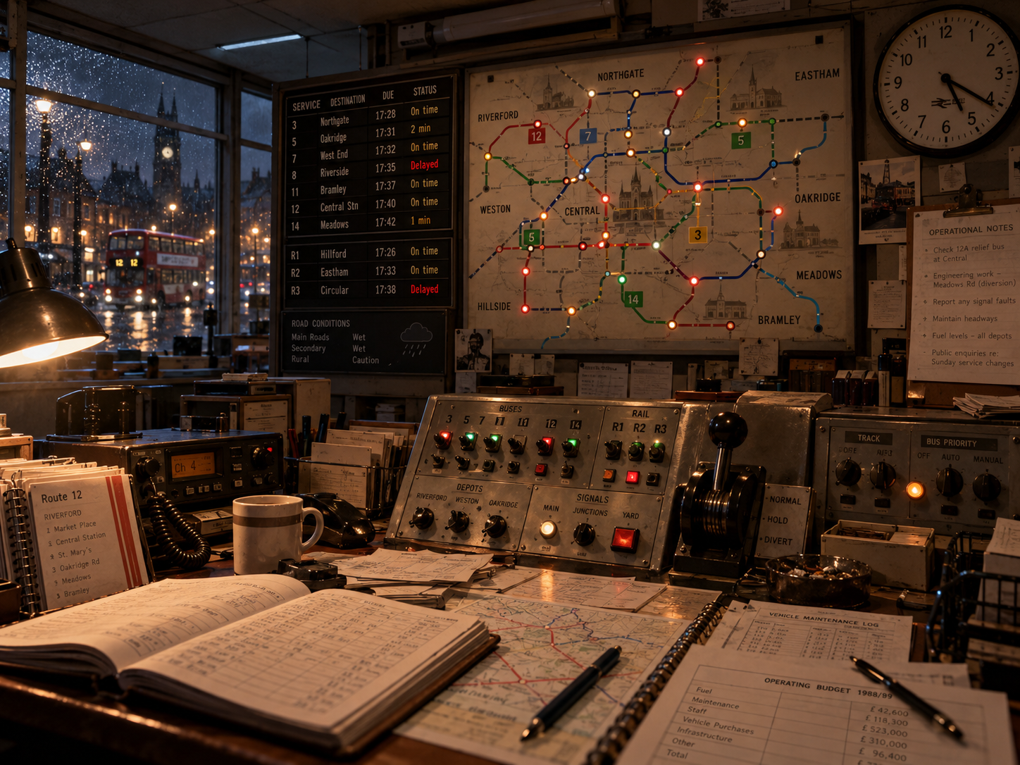 An analogue British transport control room with bus and rail route maps