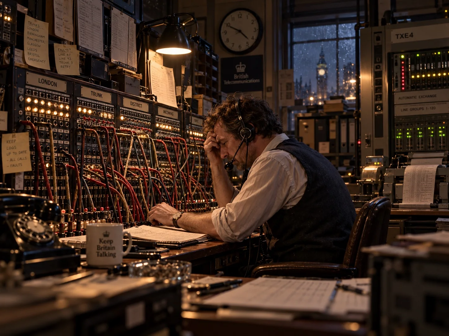 Operator working an analogue telephone switchboard
