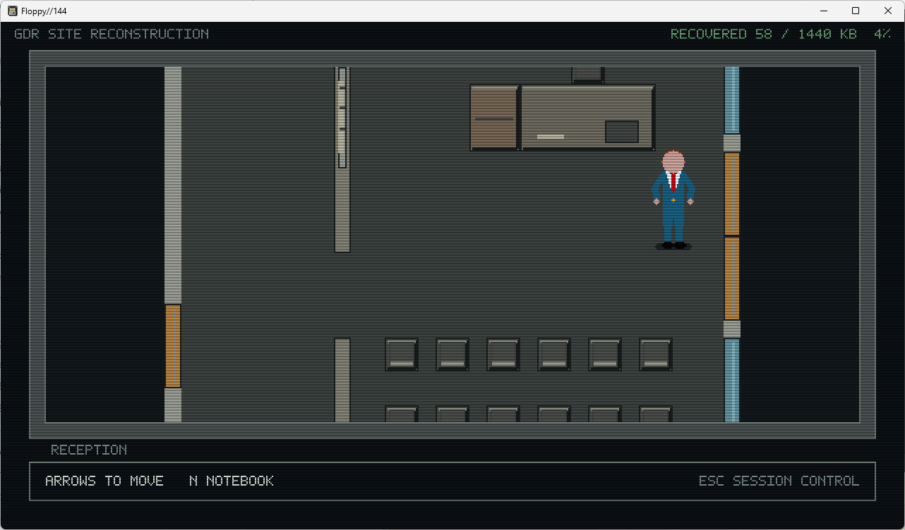 Floppy 144 reception area with the player beside a desk and rows of waiting chairs.